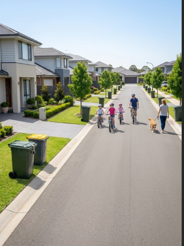 A suburban street with family and clean bins